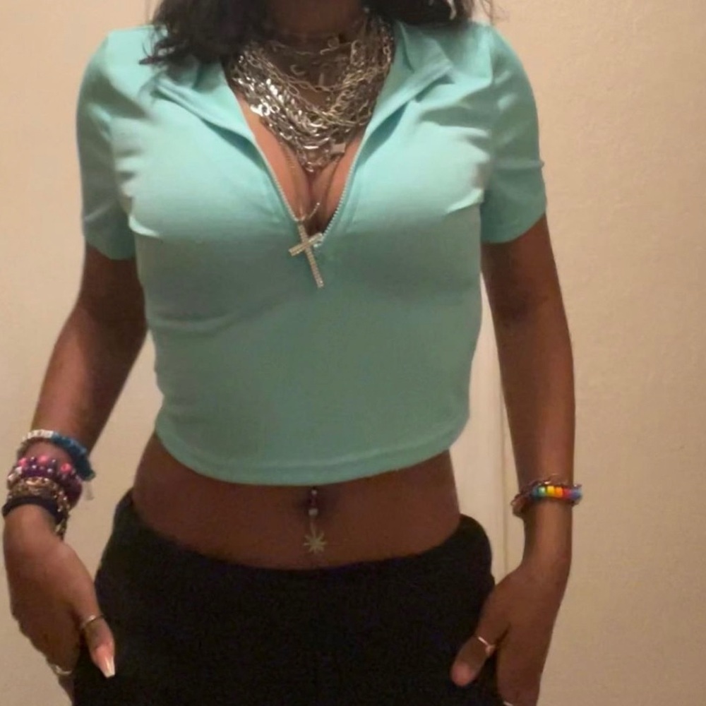 mint green half zip cop top